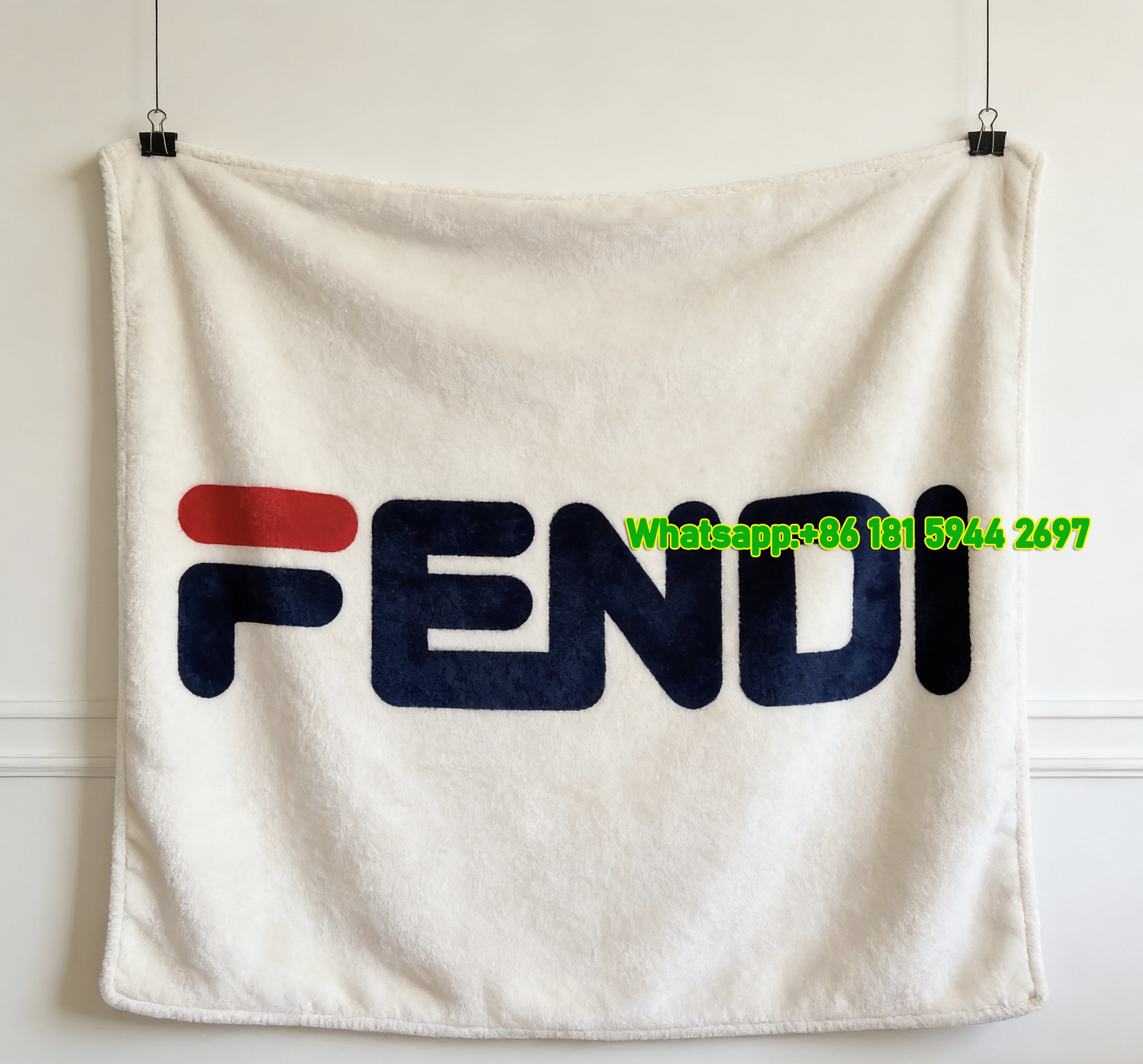 Fendi Red Blue Bold Text Logo Flannel Sofa Throw Blanket Luxury Designer IMG_9329